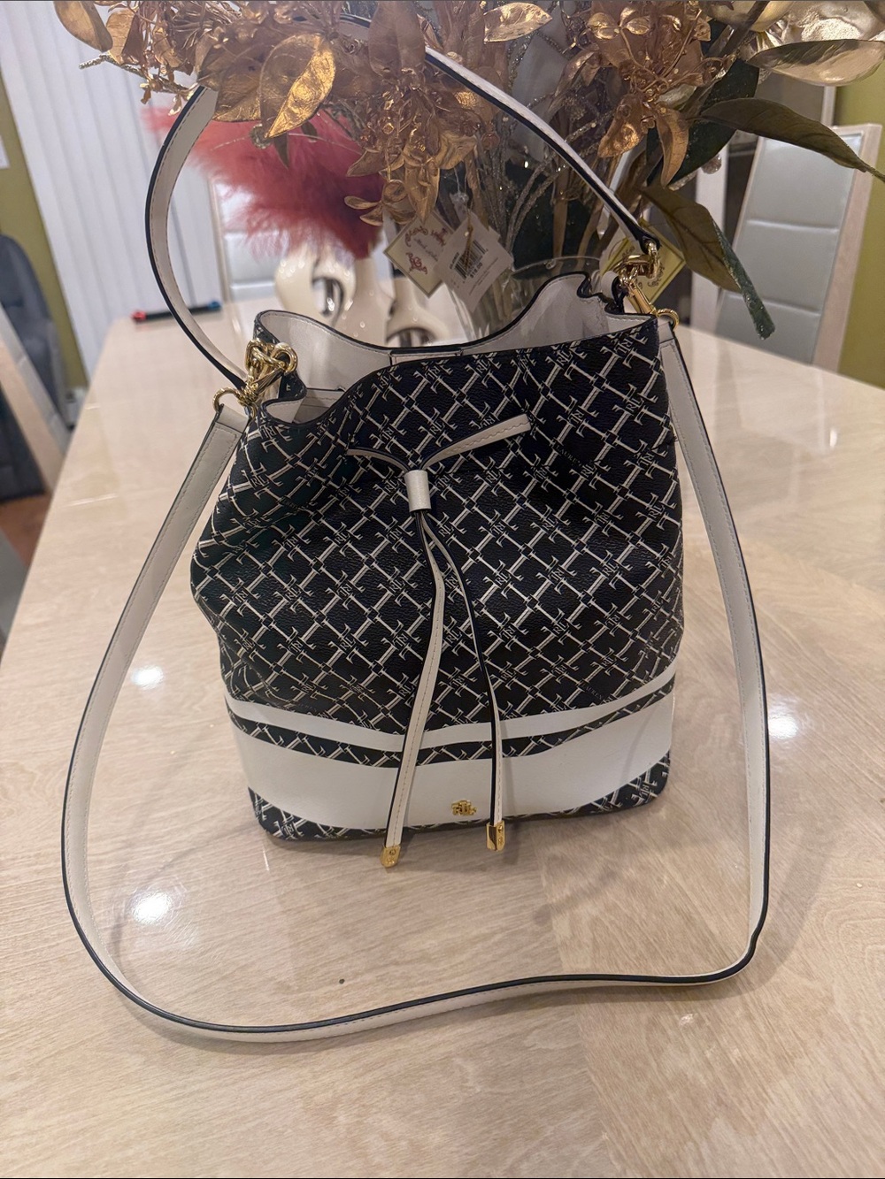 Ralph Lauren Black & White Monogram Drawstring Shoulder